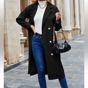 08 Black Lapel Double-Breasted Long Coat